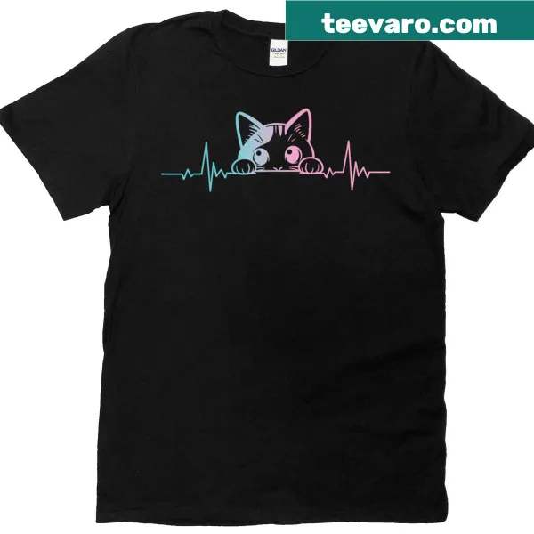 Cute cat heartbeat graphic T-shirt with blue-eyed cats