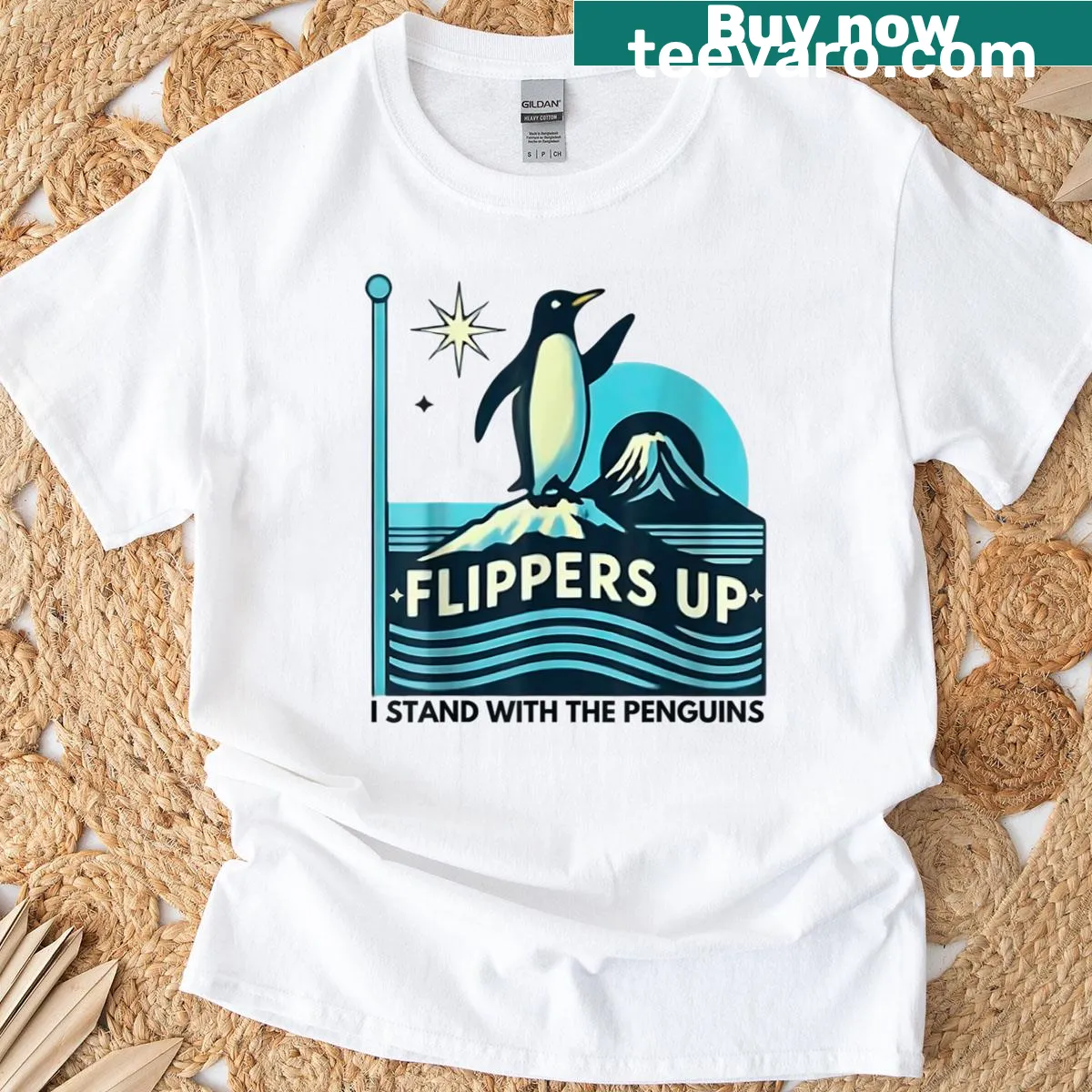 Illustrated penguin T-shirt with flippers raised in humor — on a men's t-shirt