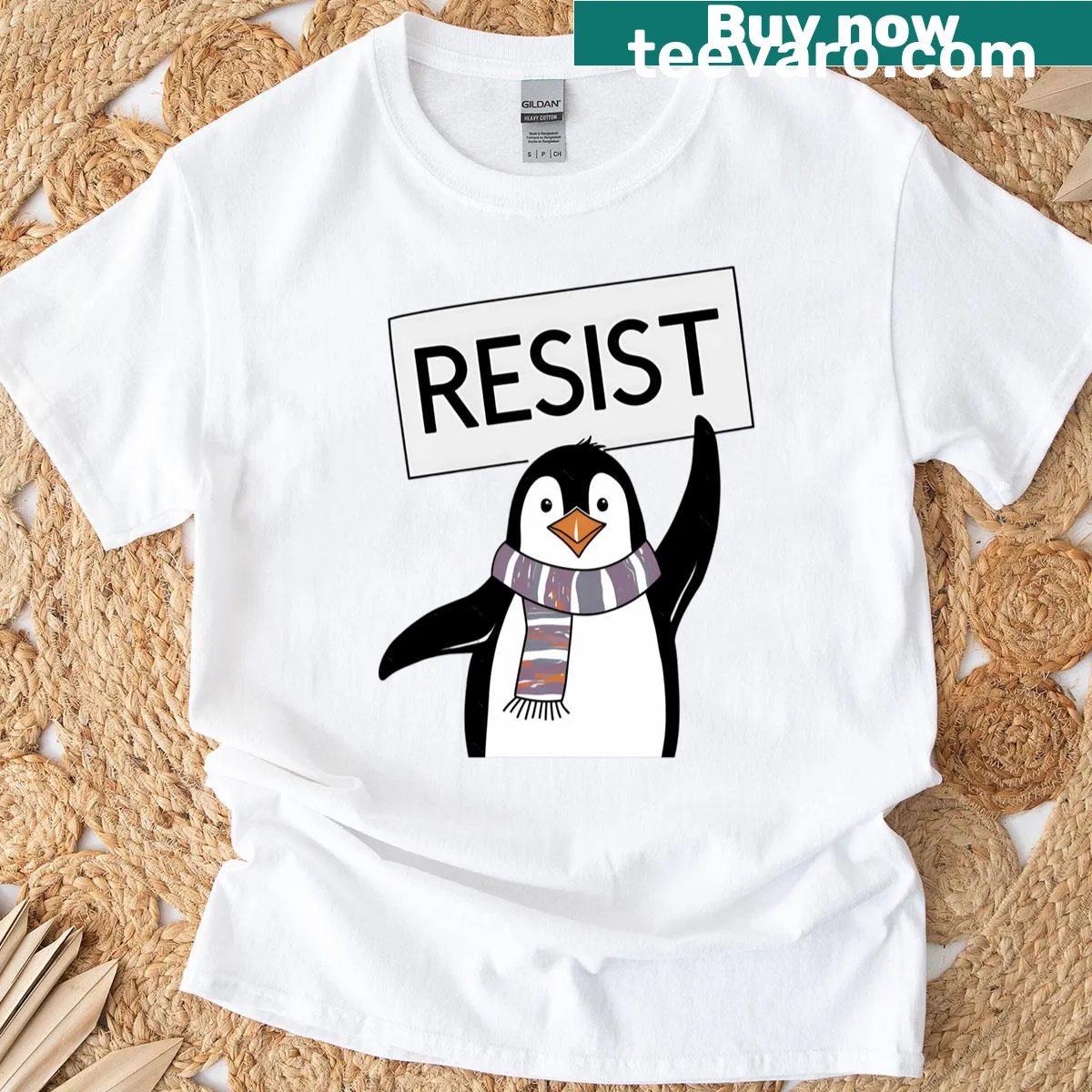 Satirical penguin T-shirt highlighting animal activism — on a men's t-shirt