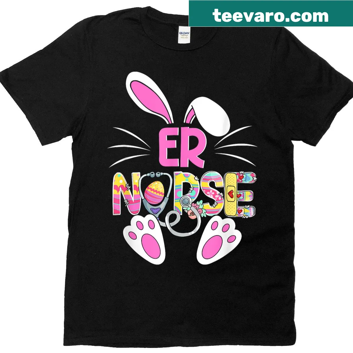 Cute nurse bunny holding stethoscope for Easter t-shirt — on a men's t-shirt