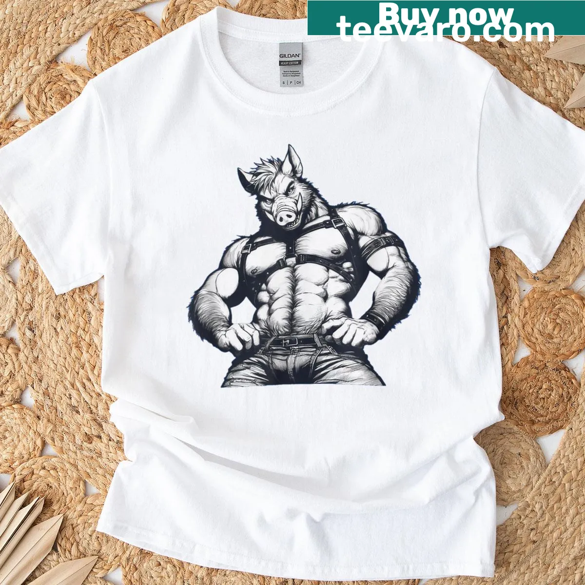 Illustration of a muscular warthog celebrating pride — on a men's t-shirt