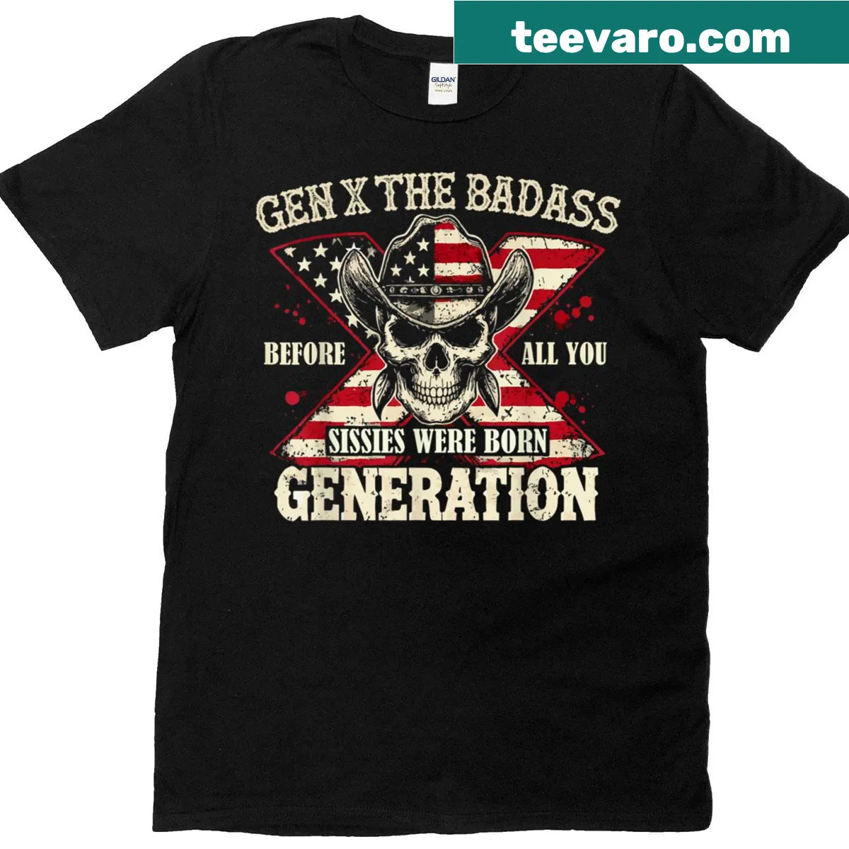 Retro skull graphic with quote celebrating Gen X — on a men's t-shirt