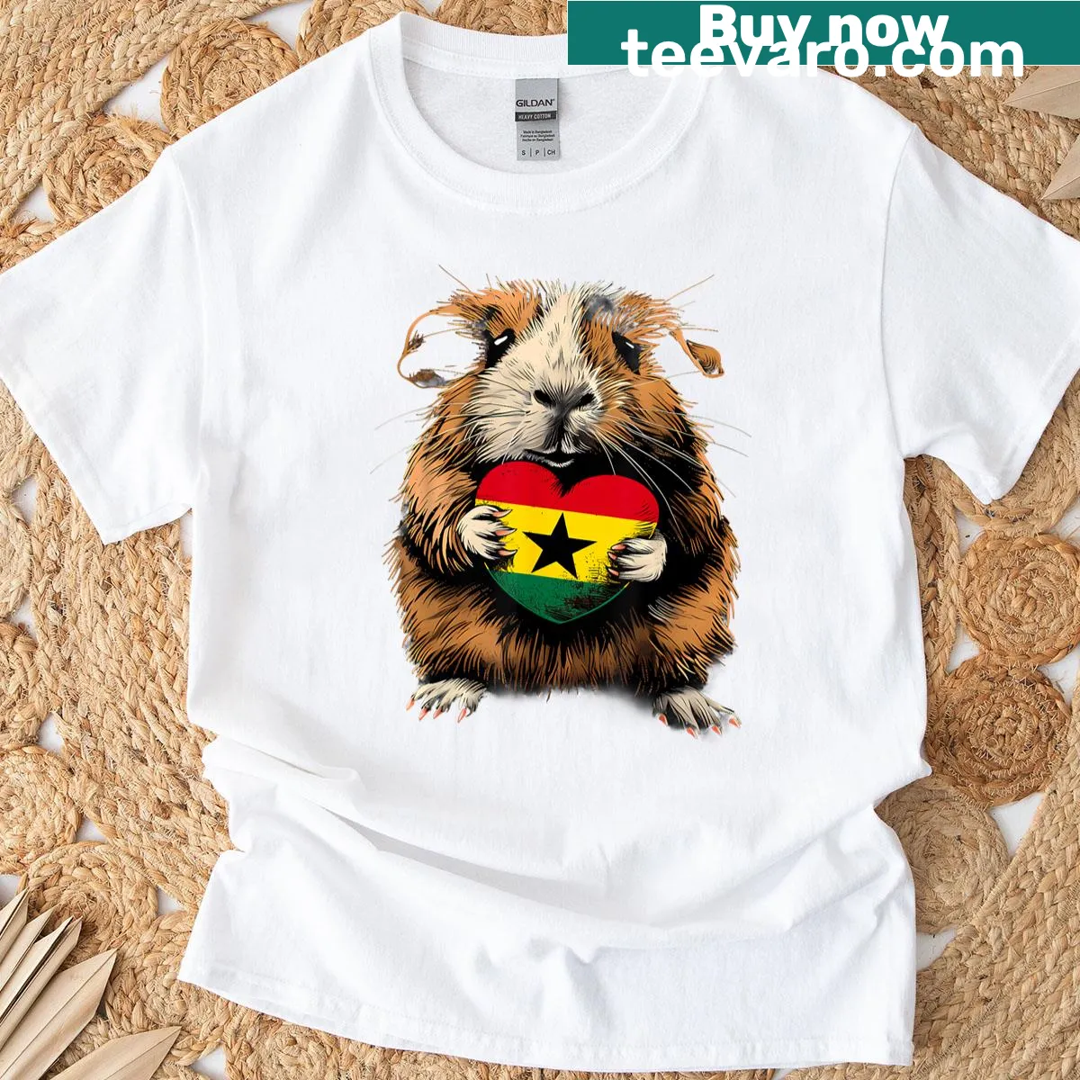 T-shirt featuring a heart design with the Ghana flag and guinea pig silhouette — on a men's t-shirt