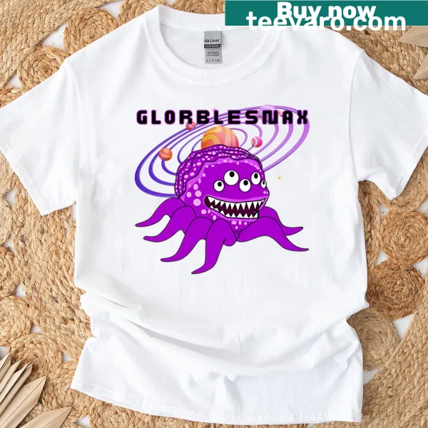 Cartoon t-shirt featuring 'Glorblesnax' and a galactic snack theme