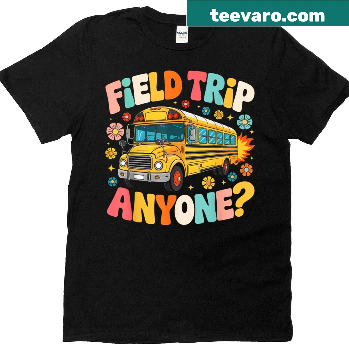 Cartoon design of a yellow school bus with playful text — on a men's t-shirt