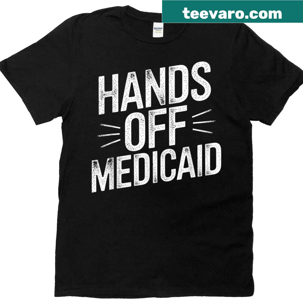 Political activist T-shirt featuring 'Hands Off Medicaid' typography — on a men's t-shirt