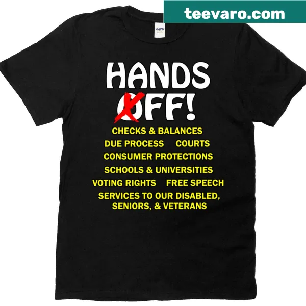 T-shirt with 'Hands Off' text and court/school graphics