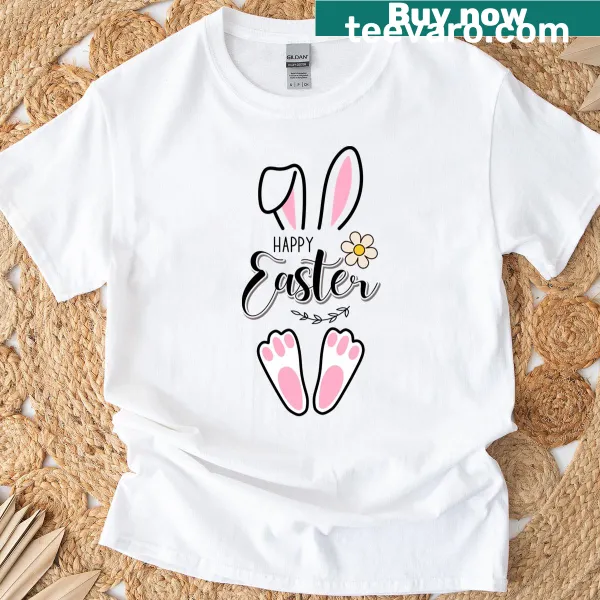 T-shirt featuring a cute bunny graphic with 'Happy Easter' text