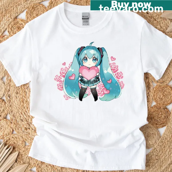 Illustration of Hatsune Miku inside a heart graphic on a classic t-shirt