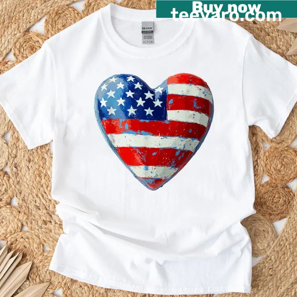 Silhouette of American flag in a heart shape on a classic t-shirt