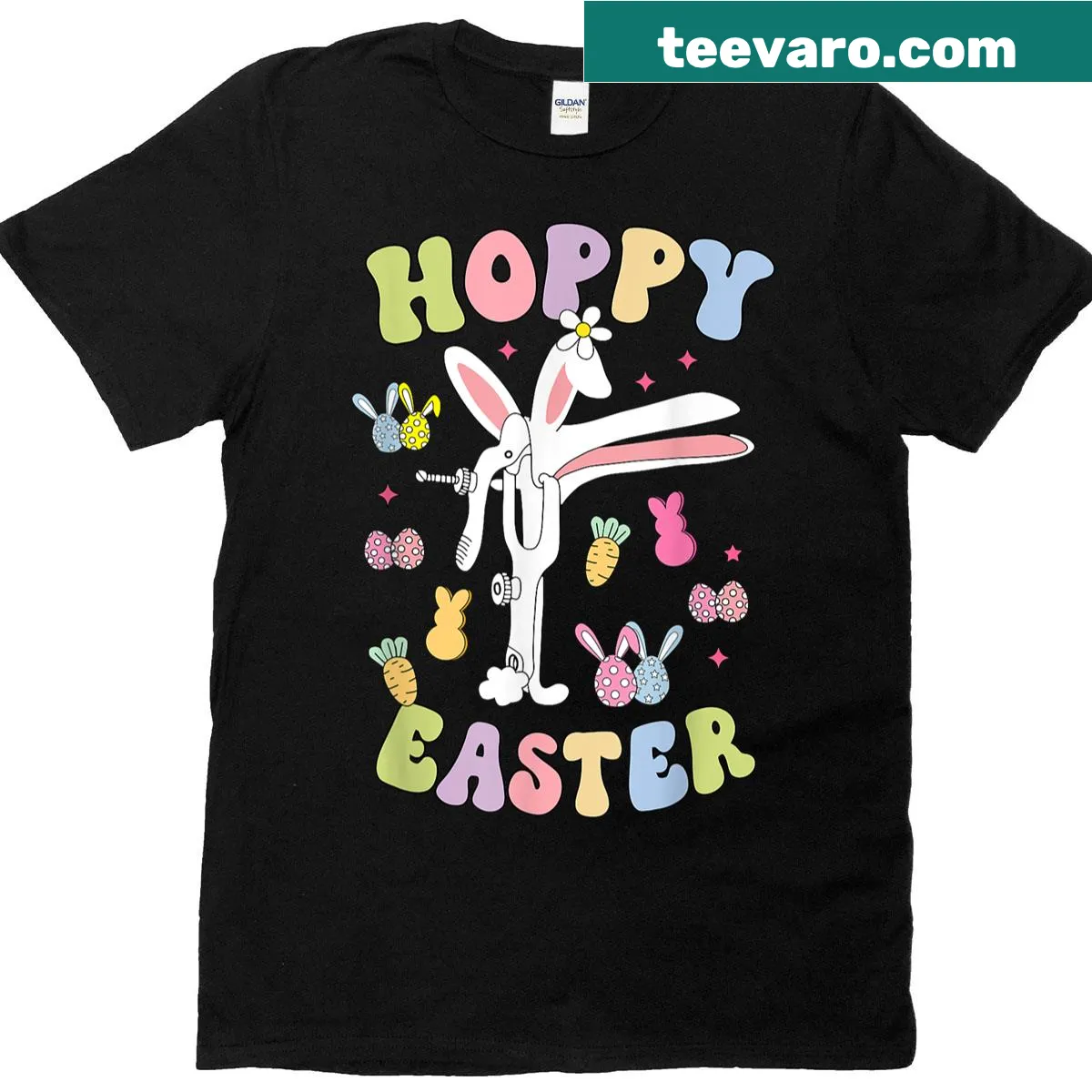 Funny Easter T-shirt for OB-GYN nurses with 'Hoppy Easter' graphic — on a men's t-shirt
