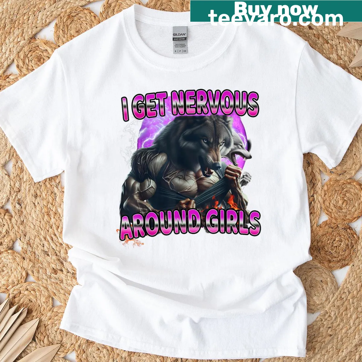 Sarcastic t-shirt with the phrase 'I Get Nervous Around Girls' and alpha wolf theme — on a men's t-shirt