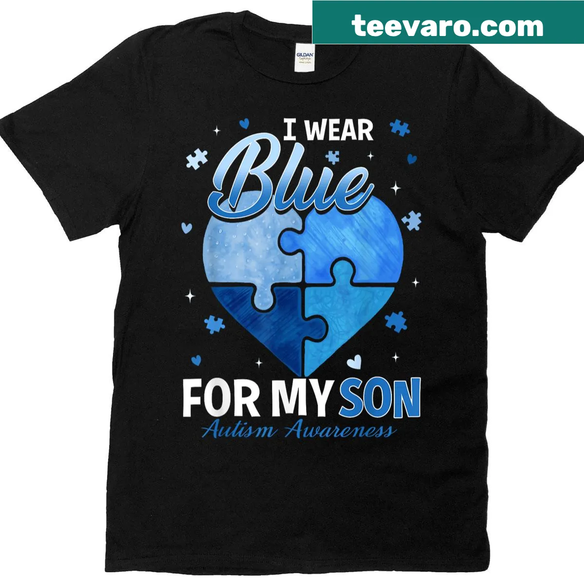 I Wear Blue For My Son Autism Awareness T-shirt with supportive message — on a men's t-shirt