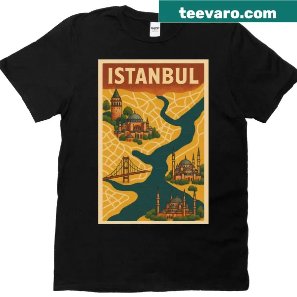 Illustrated map of Istanbul with landmarks on a classic T-shirt