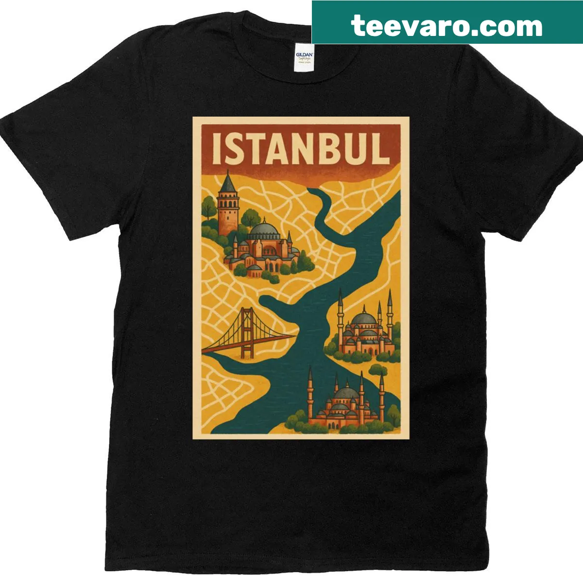 Illustrated map of Istanbul with landmarks on a classic T-shirt — on a men's t-shirt