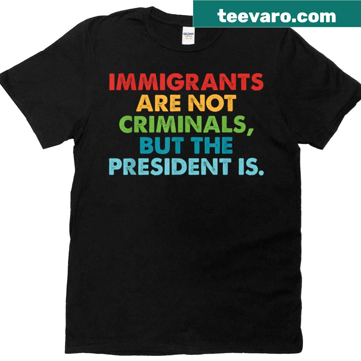 T-shirt with bold text challenging immigration stereotypes — on a men's t-shirt