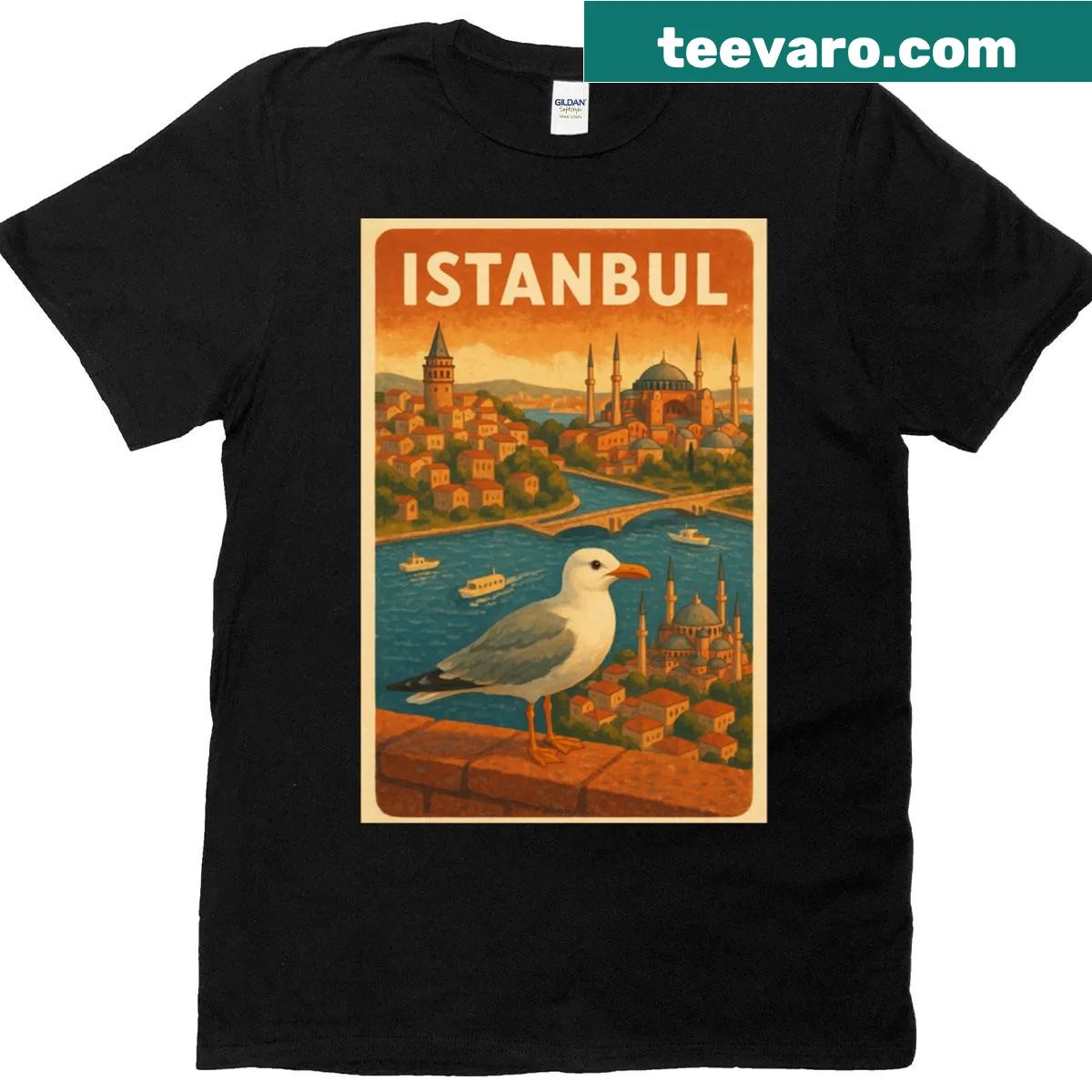 Illustrated skyline of Istanbul with Galata Tower and Hagia Sophia — on a men's t-shirt