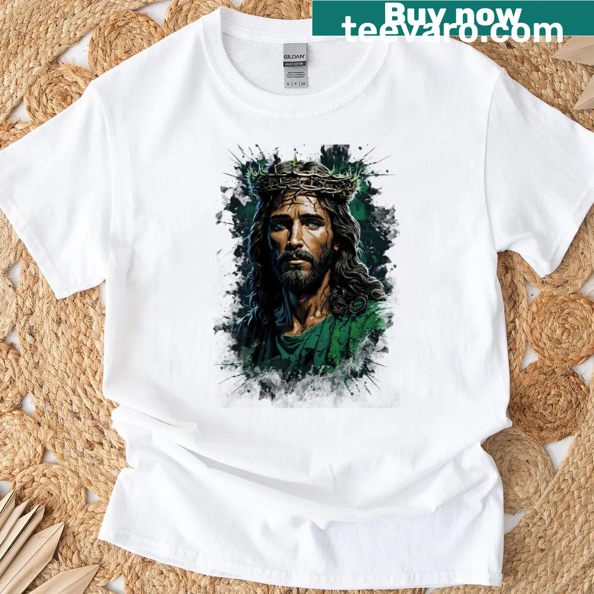 T-shirt featuring an illustration of Jesus with a crown of thorns — on a men's t-shirt