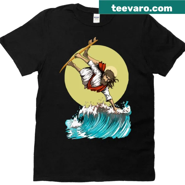 T-shirt featuring an illustration of Jesus surfing with a Christian cross.