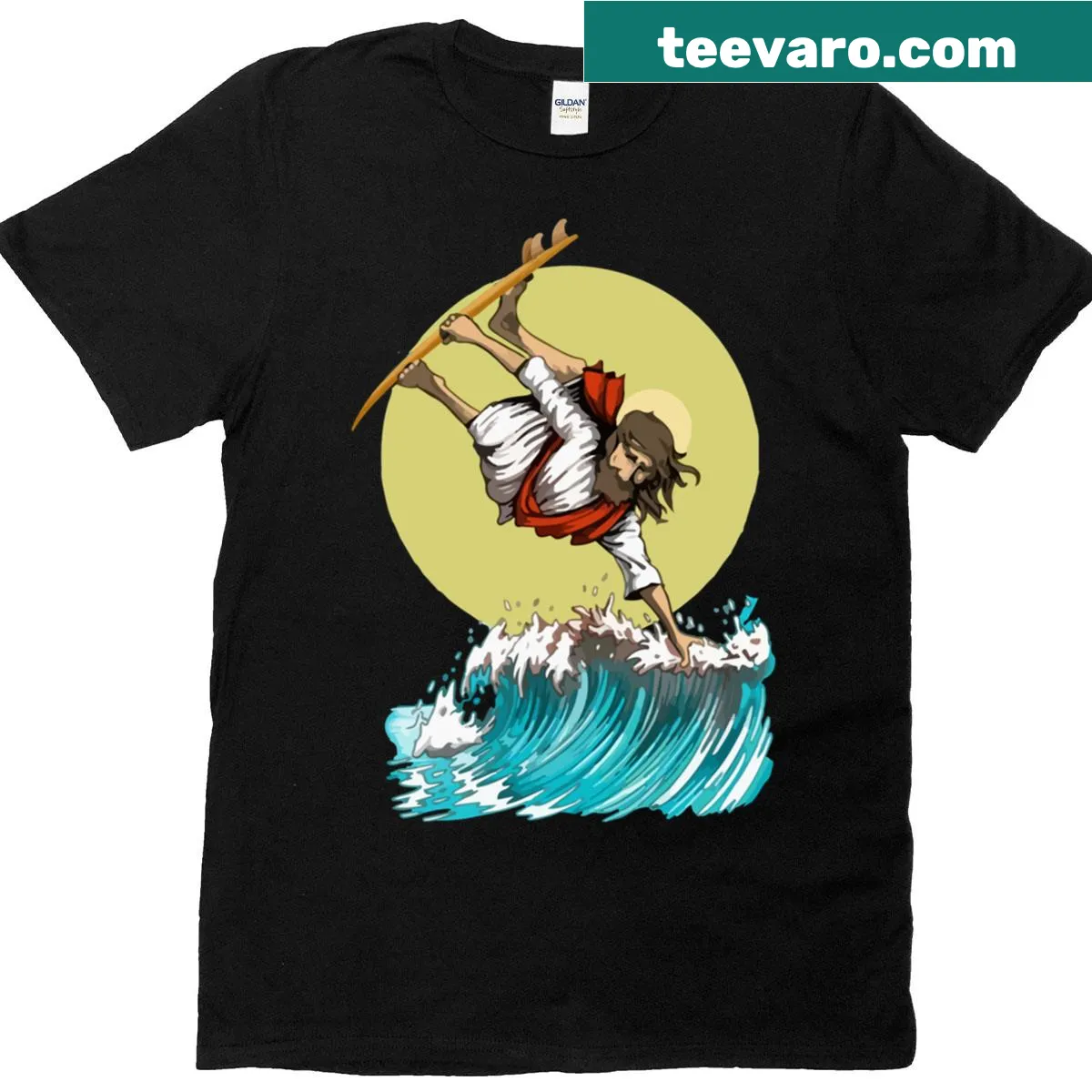 T-shirt featuring an illustration of Jesus surfing with a Christian cross. — on a men's t-shirt