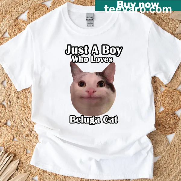 Graphic t-shirt featuring playful text about a boy's love for beluga cats