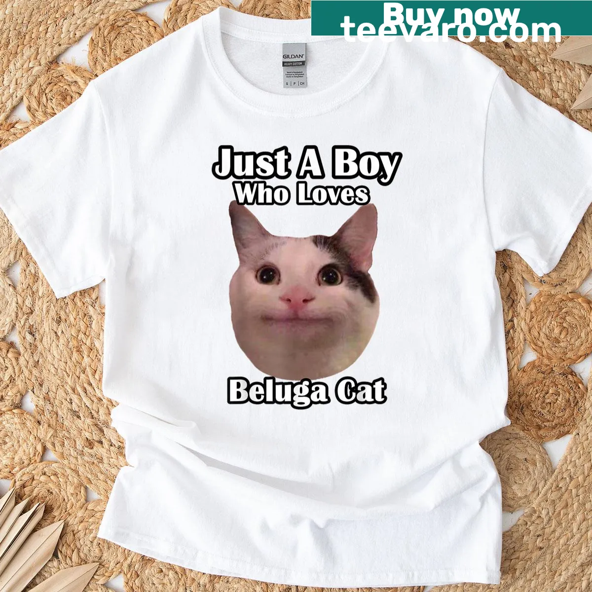 Graphic t-shirt featuring playful text about a boy's love for beluga cats — on a men's t-shirt