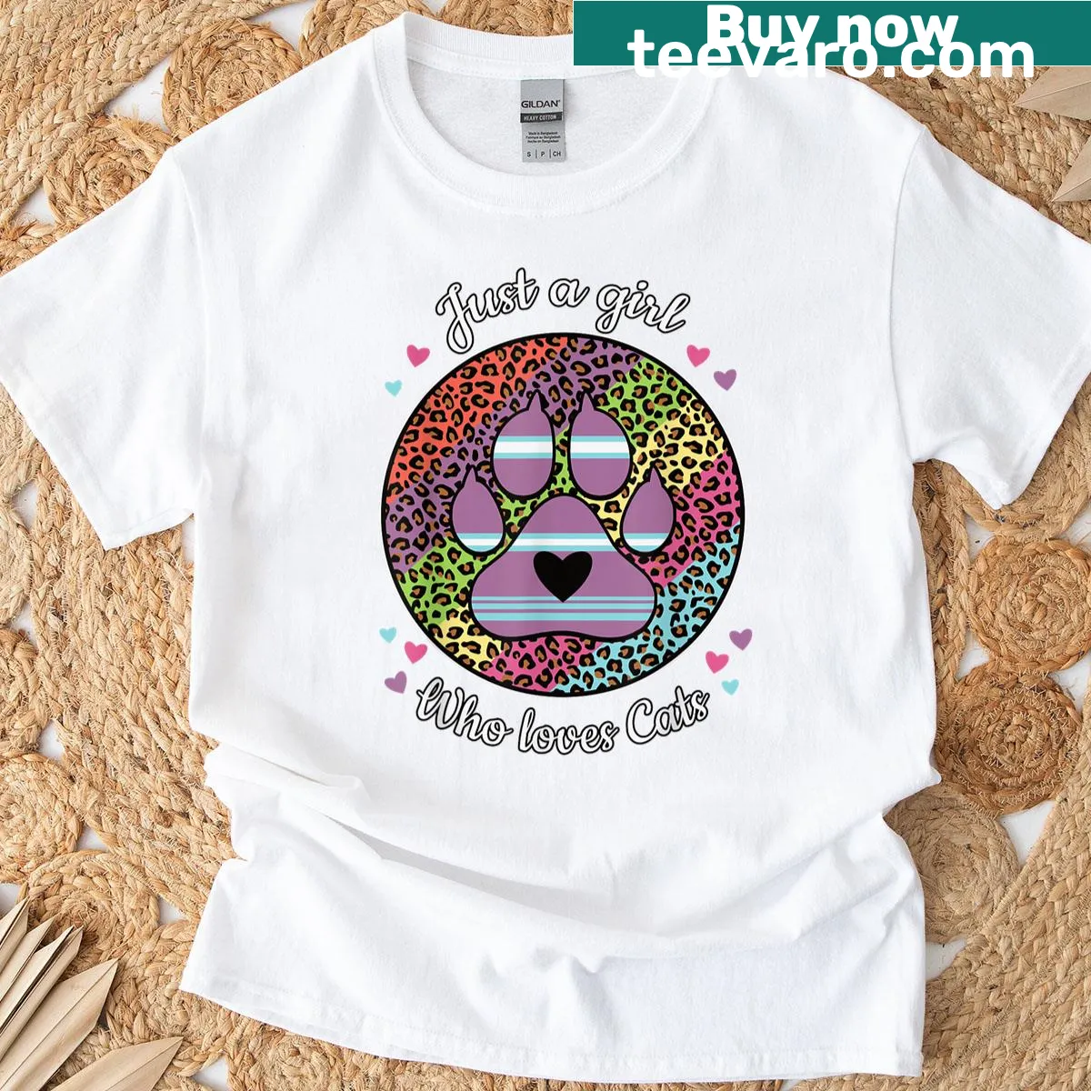 Cat paw print graphic with rainbow leopard pattern on a t-shirt — on a men's t-shirt
