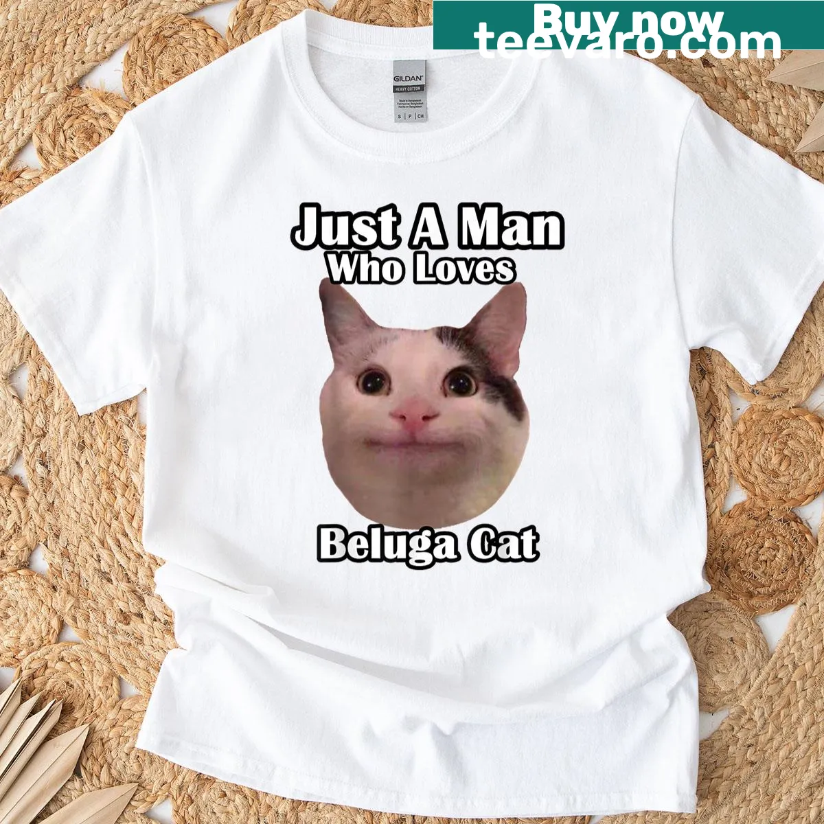 Illustration of a beluga cat with playful text about cat love — on a men's t-shirt