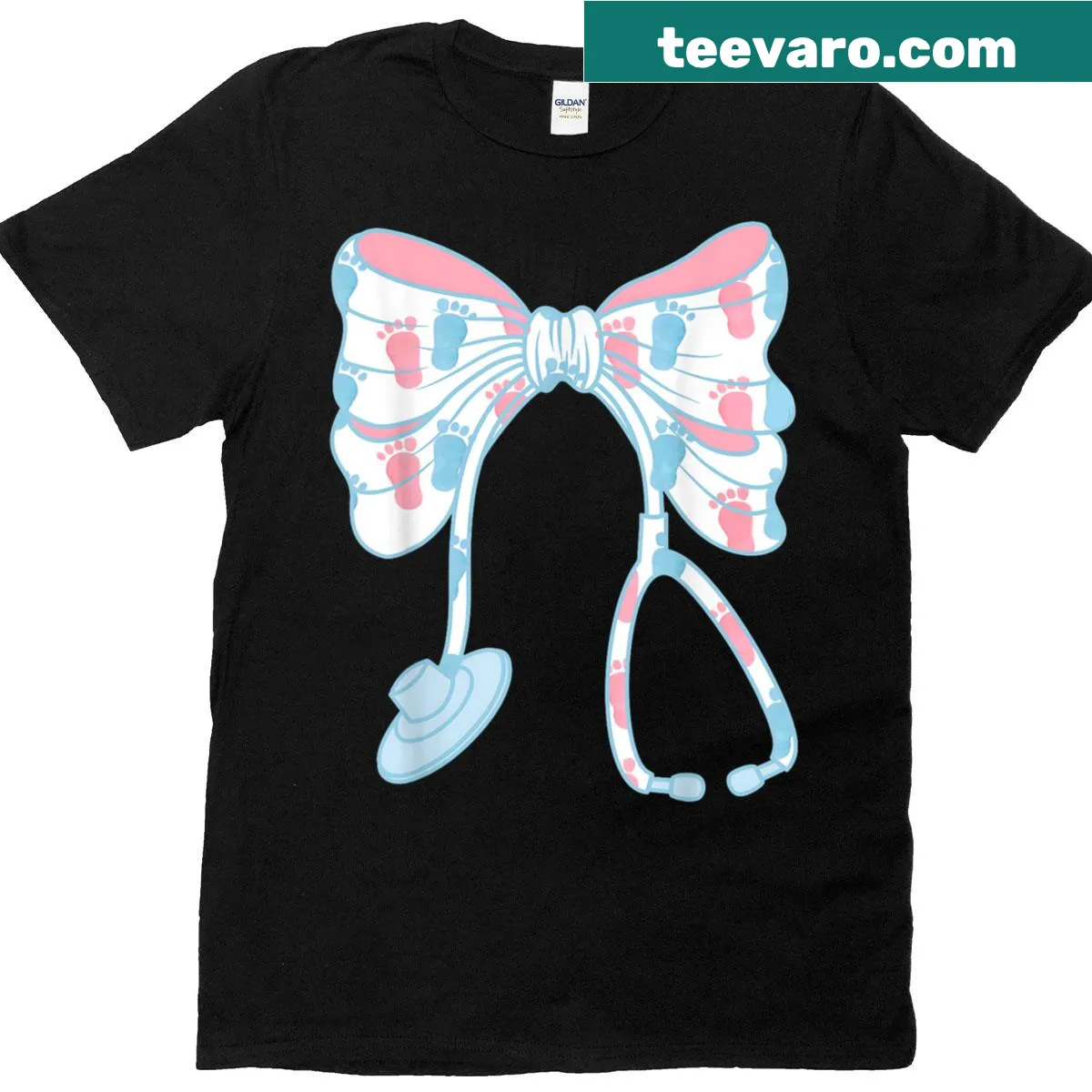 Cute labor and delivery nurse t-shirt with bow and stethoscope illustration — on a men's t-shirt