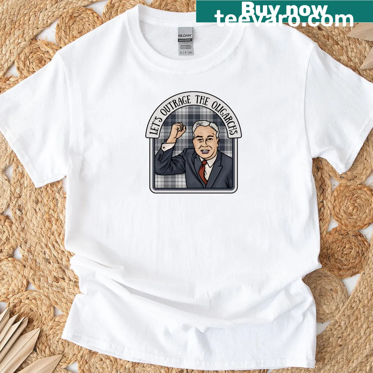 Bold typography t-shirt with phrase about oligarchs — on a men's t-shirt