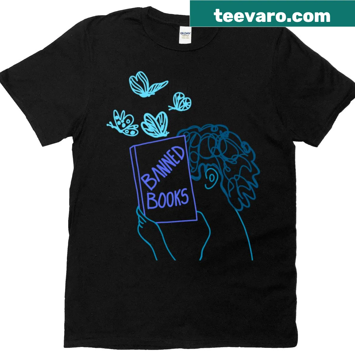 T-shirt with line drawing of woman and butterflies promoting banned books — on a men's t-shirt