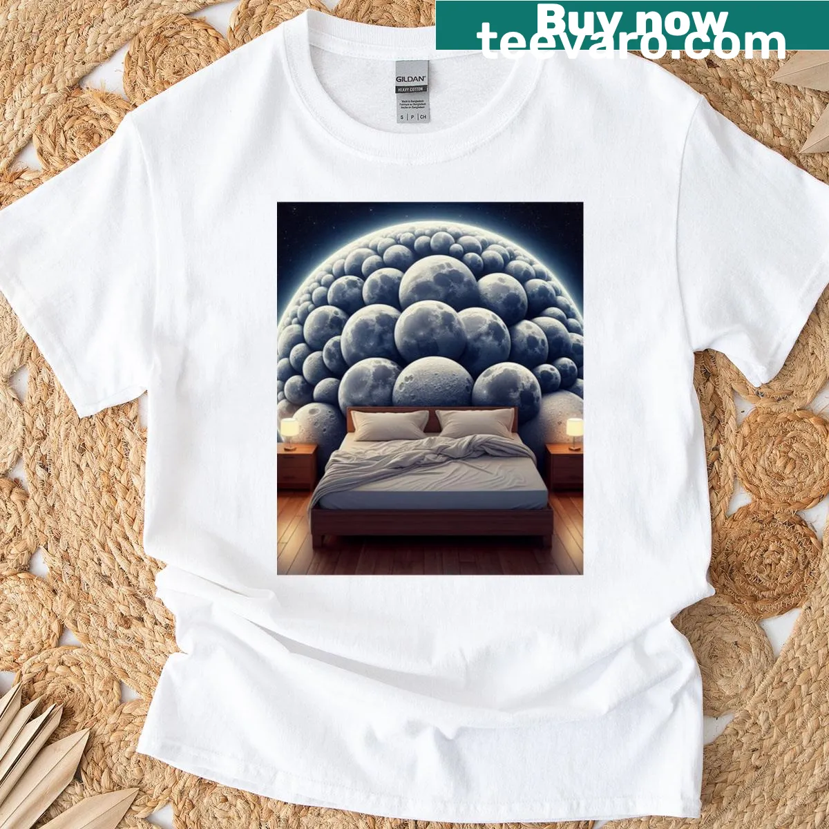 Illustrated t-shirt featuring a whimsical lunar bedroom design — on a men's t-shirt