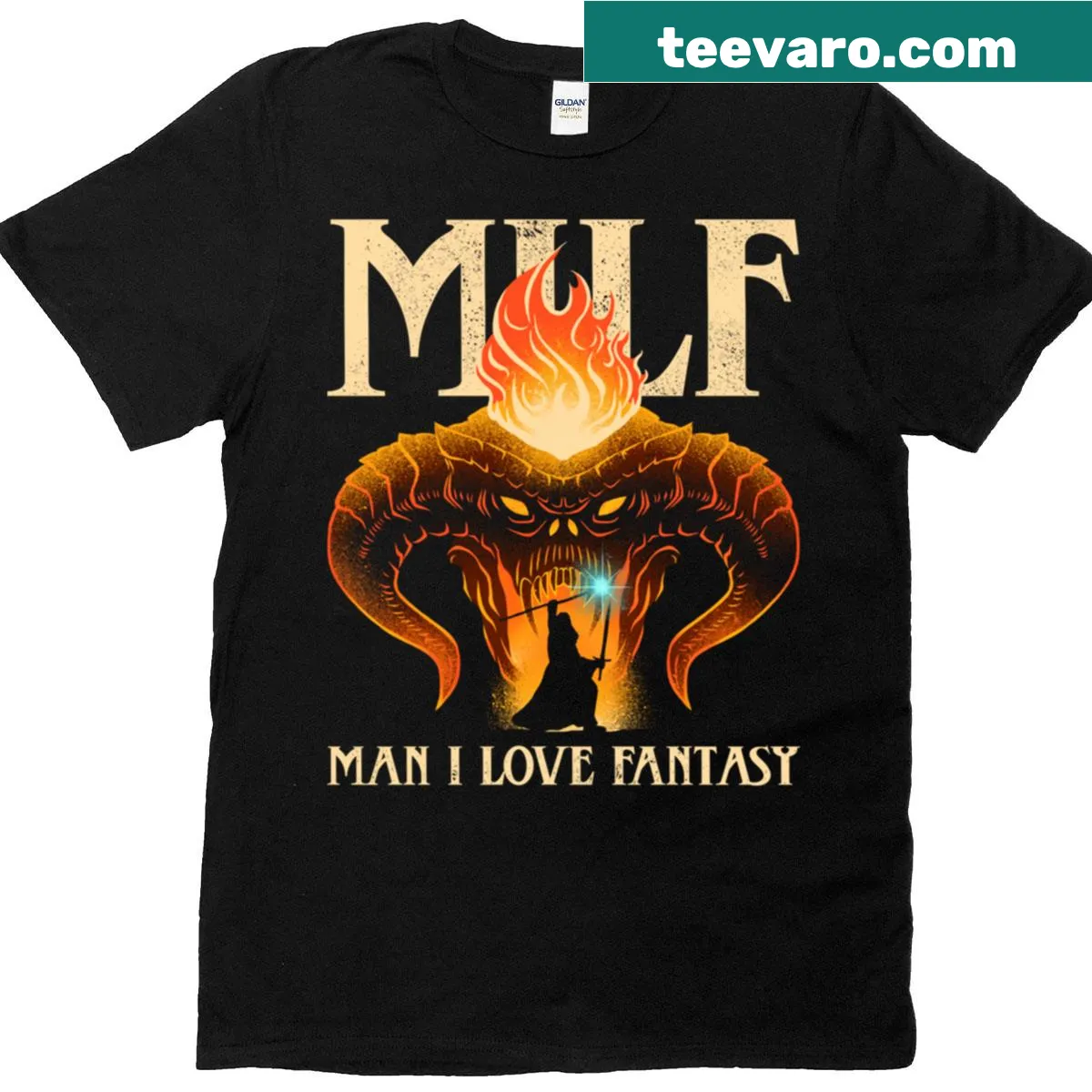 Humorous t-shirt featuring the phrase 'Milf - Man I Love Fantasy' — on a men's t-shirt