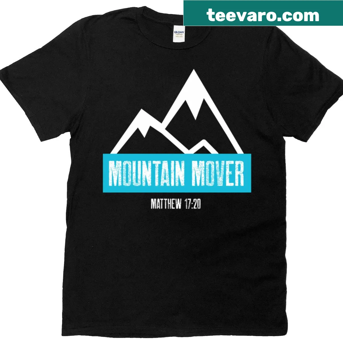 Inspirational text 'Mountain Mover' with Matthew 17:20 — on a men's t-shirt