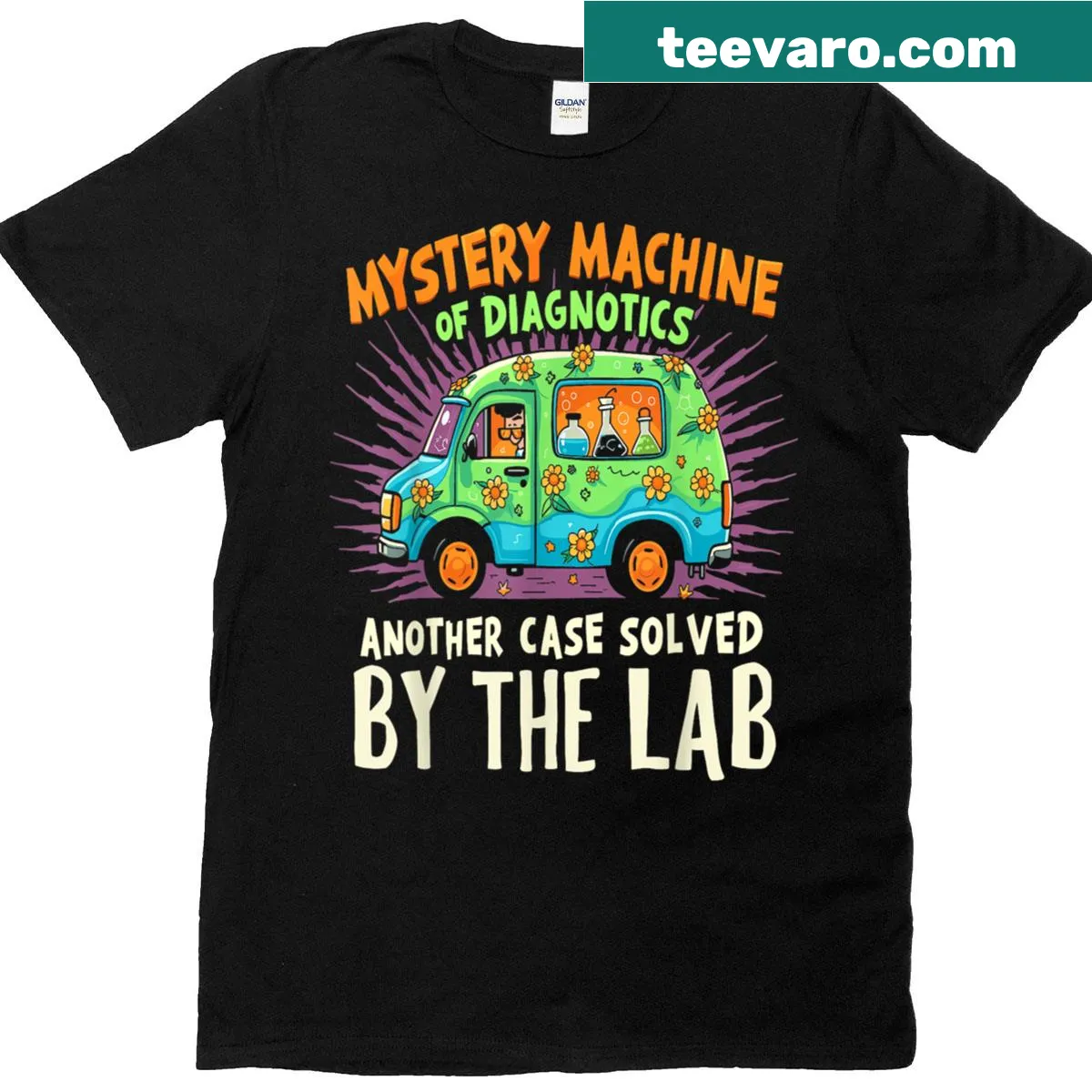 Fun t-shirt featuring the Mystery Machine and diagnostics theme — on a men's t-shirt