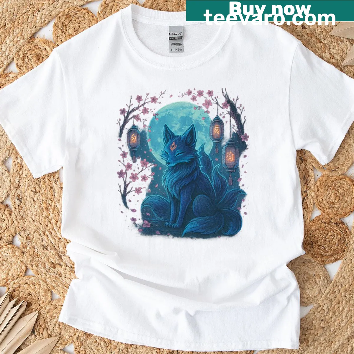 Illustration of a mystic kitsune fox under moonlight on a classic t-shirt. — on a men's t-shirt