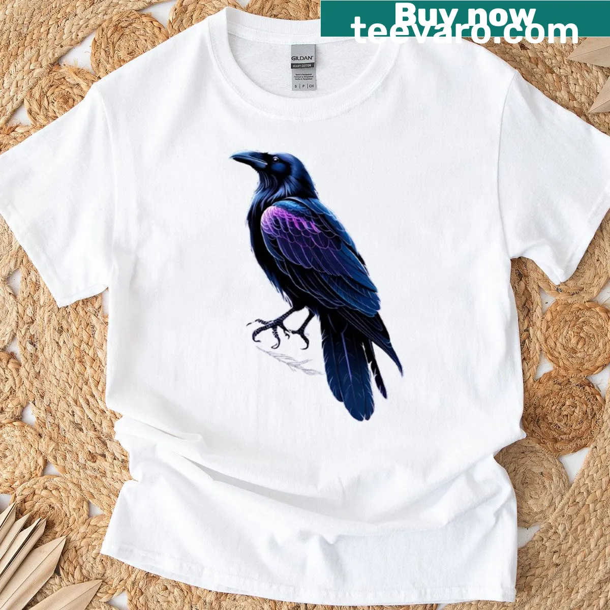 Illustration of a raven on a crescent moon set against a night sky on a classic t-shirt. — on a men's t-shirt