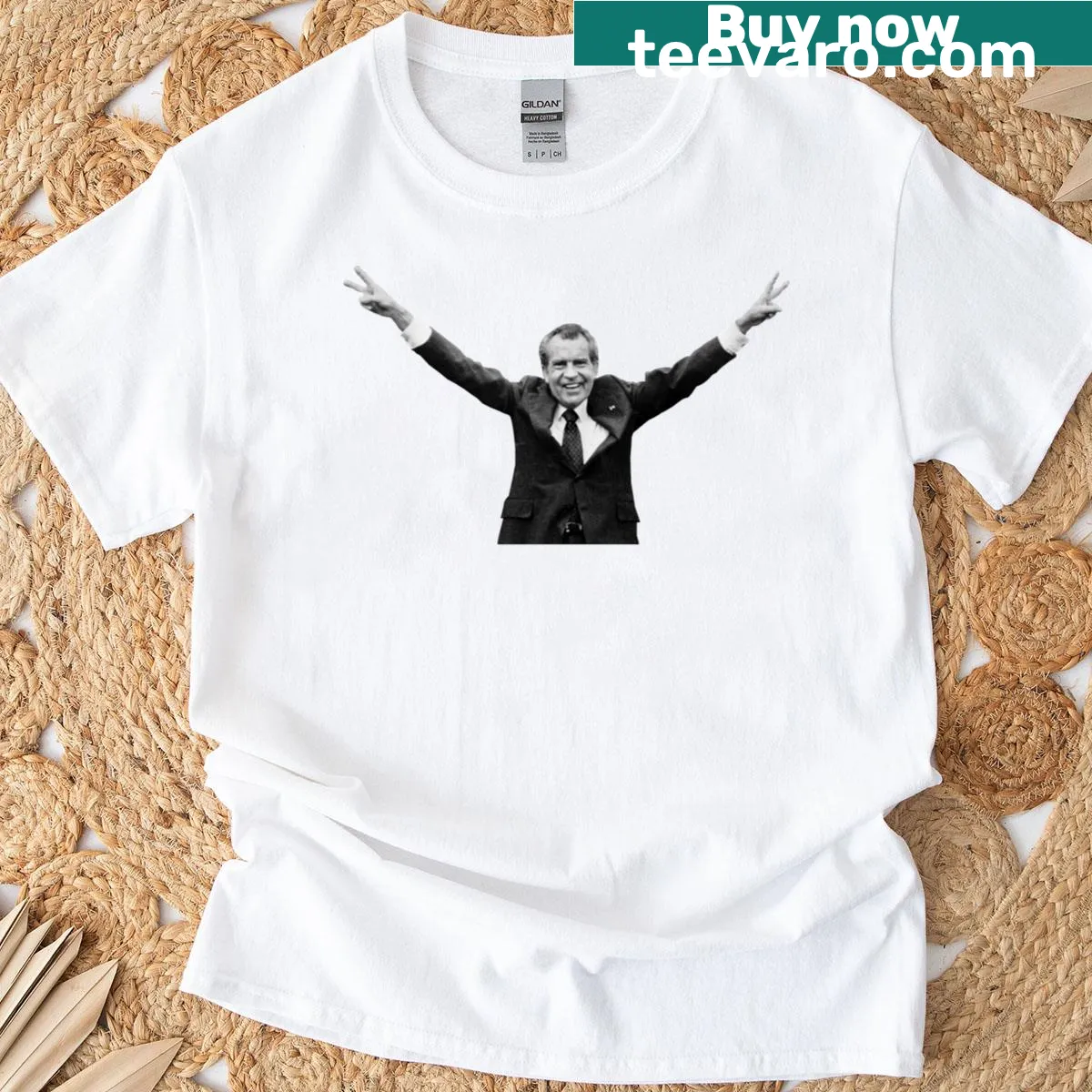 T-shirt featuring Nixon's helicopter and a peace sign design — on a men's t-shirt