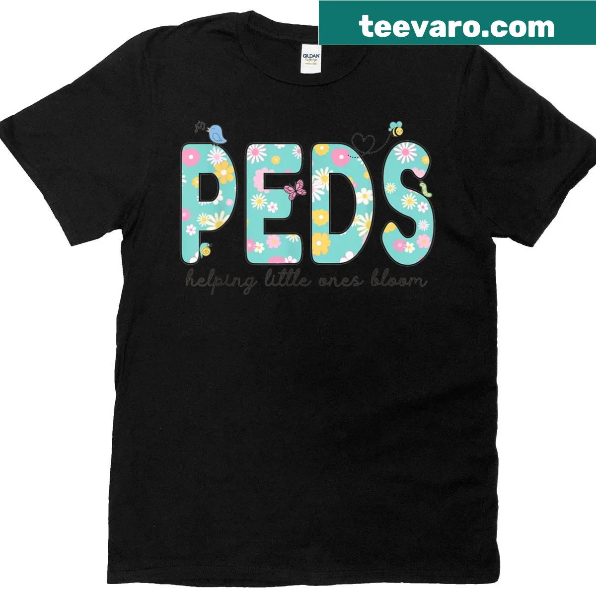 Pediatric nurse t-shirt with blooming flowers and caring message — on a men's t-shirt