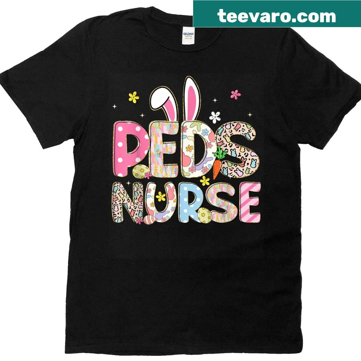 Easter-themed pediatric nurse t-shirt with bunny ears graphic — on a men's t-shirt
