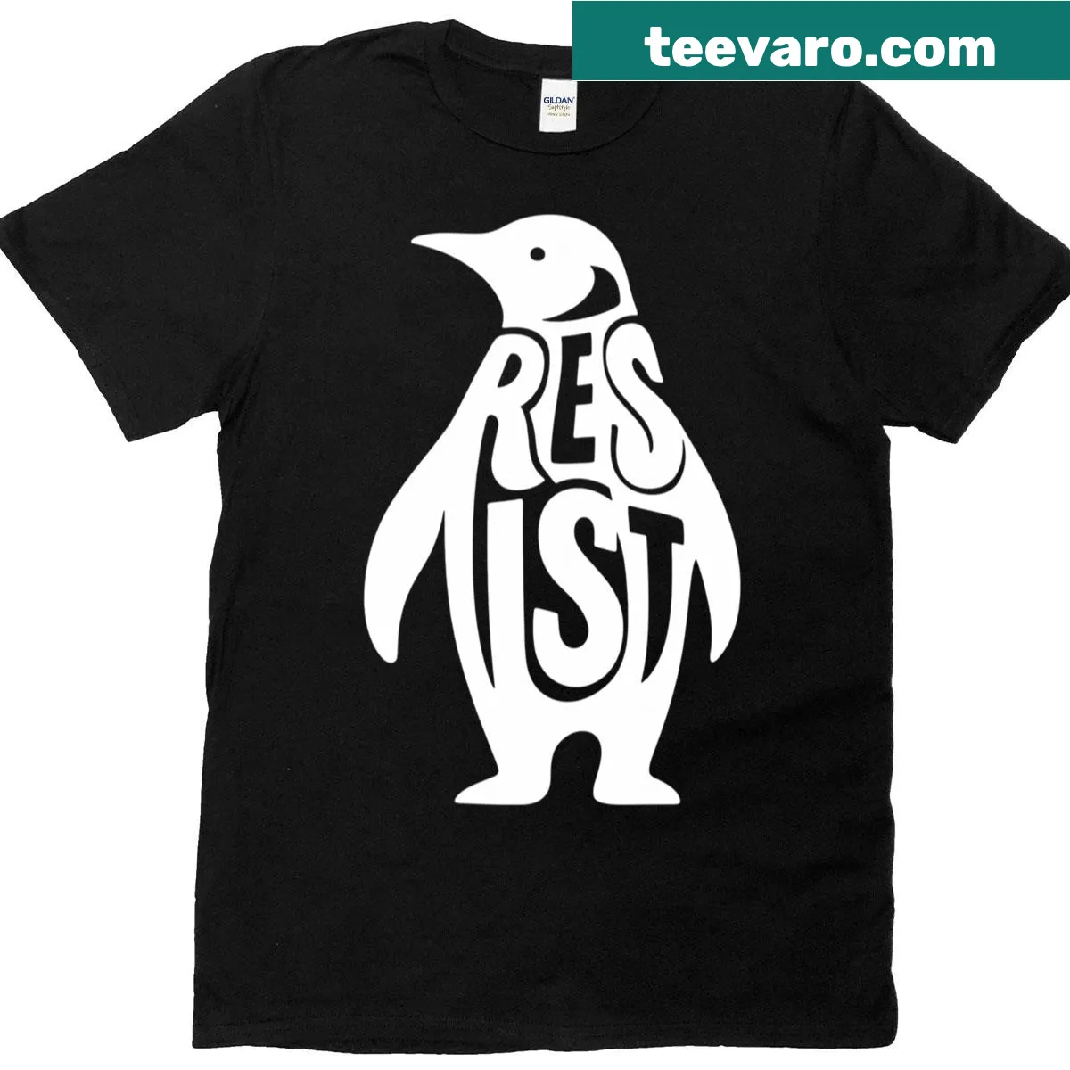 Funny penguin t-shirt with resistance theme graphic — on a men's t-shirt