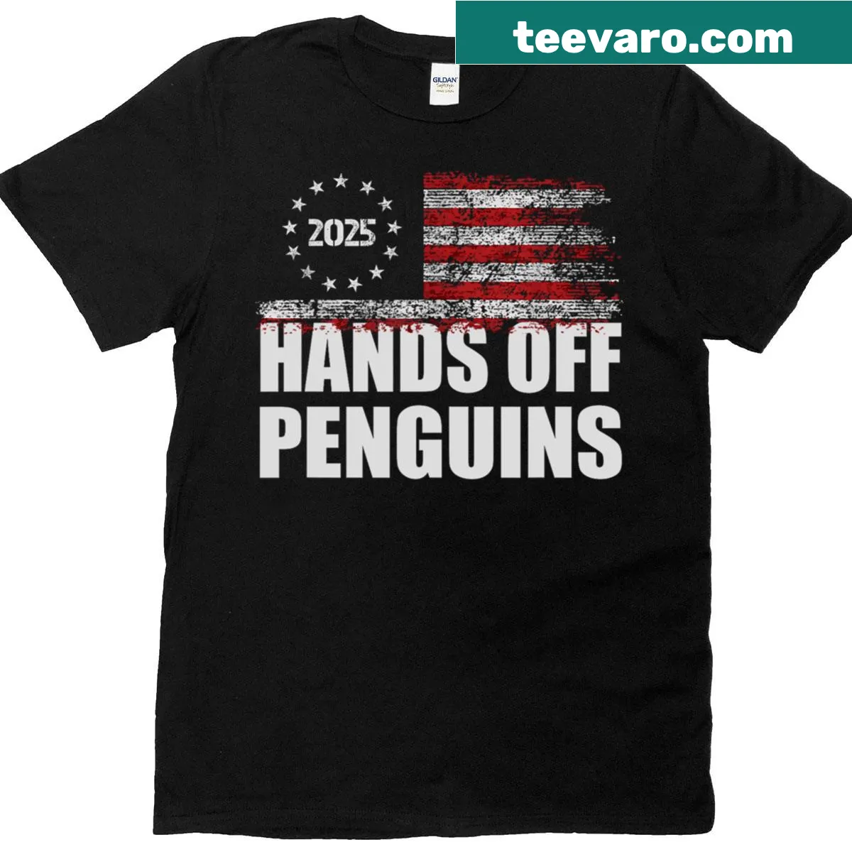 Funny penguin protest graphic t-shirt — on a men's t-shirt