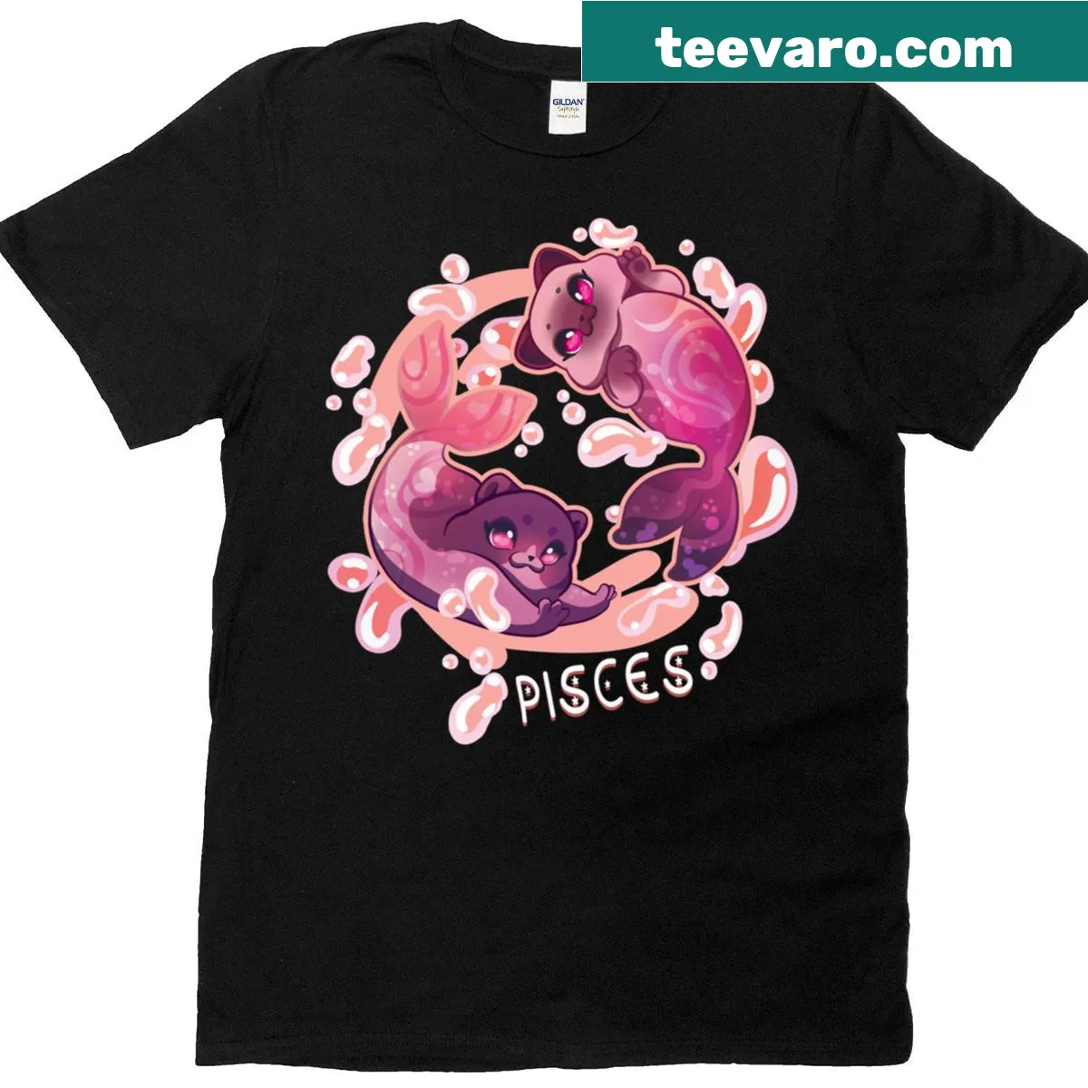 Cartoon cat design representing the Pisces zodiac sign on a T-shirt — on a men's t-shirt