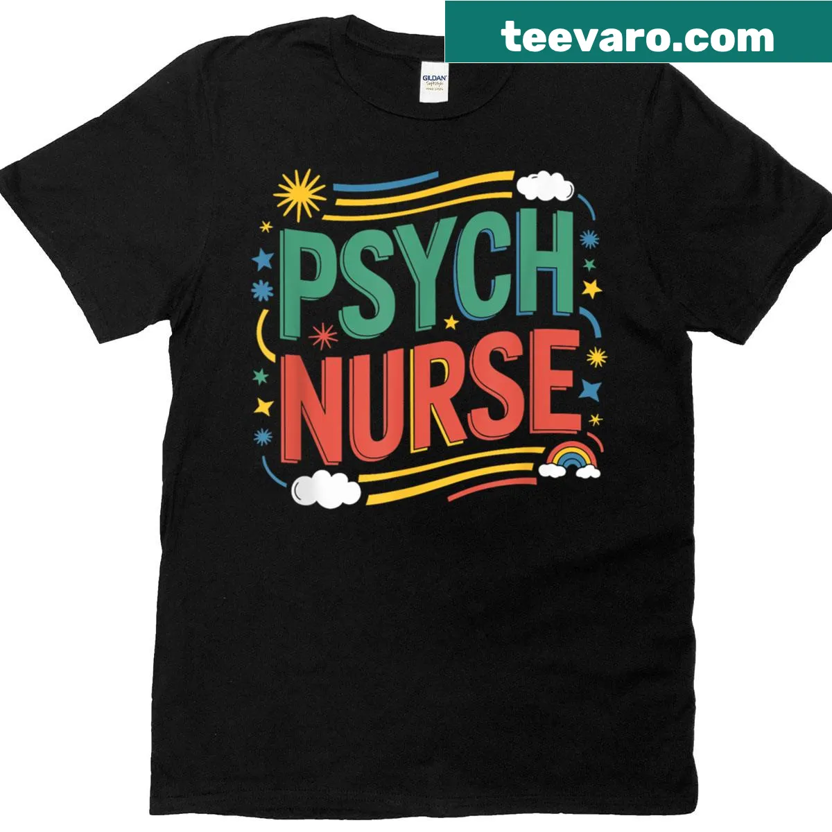 Psych Nurse T-shirt featuring bold text and mental health symbols. — on a men's t-shirt