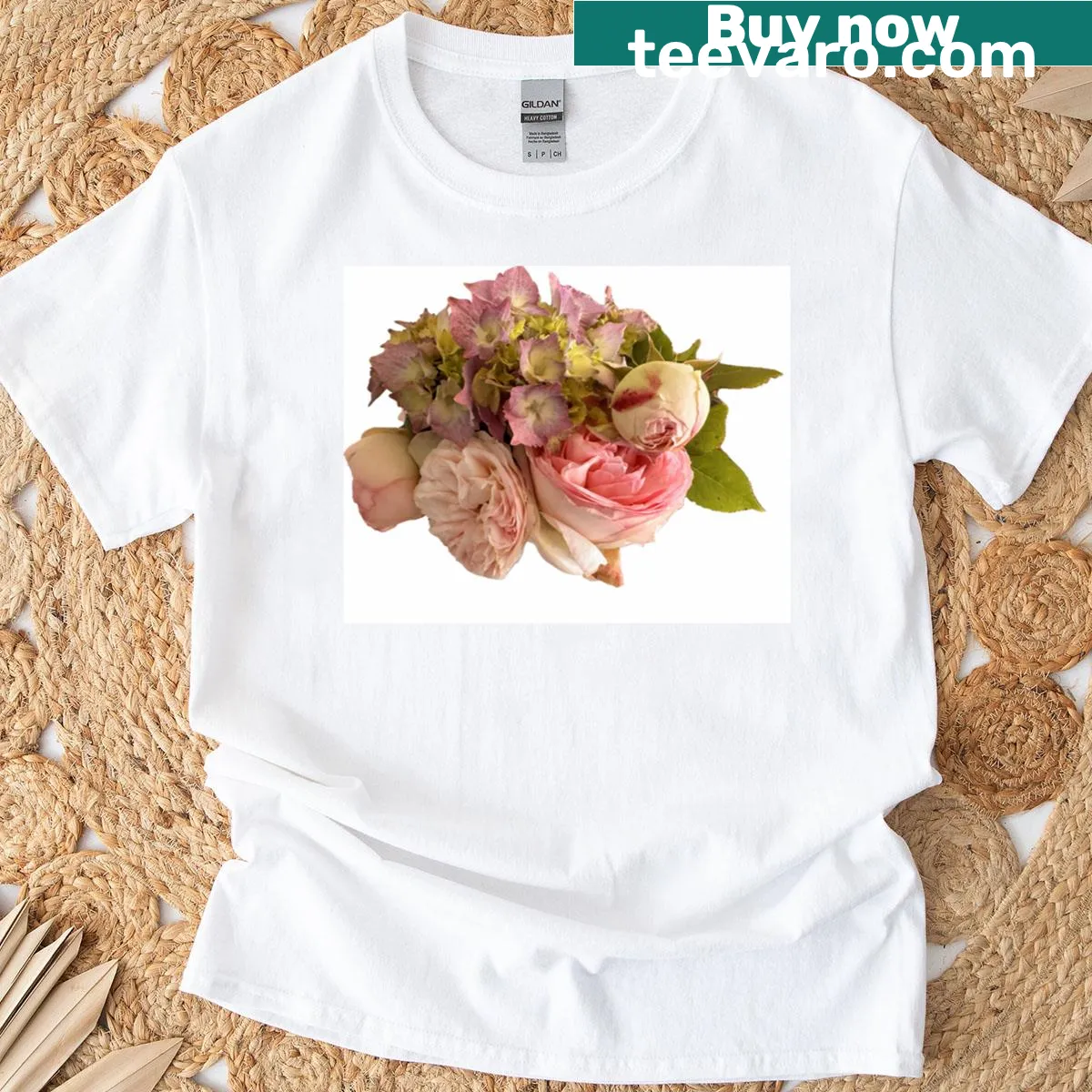 Floral t-shirt featuring pink roses and hydrangeas — on a men's t-shirt