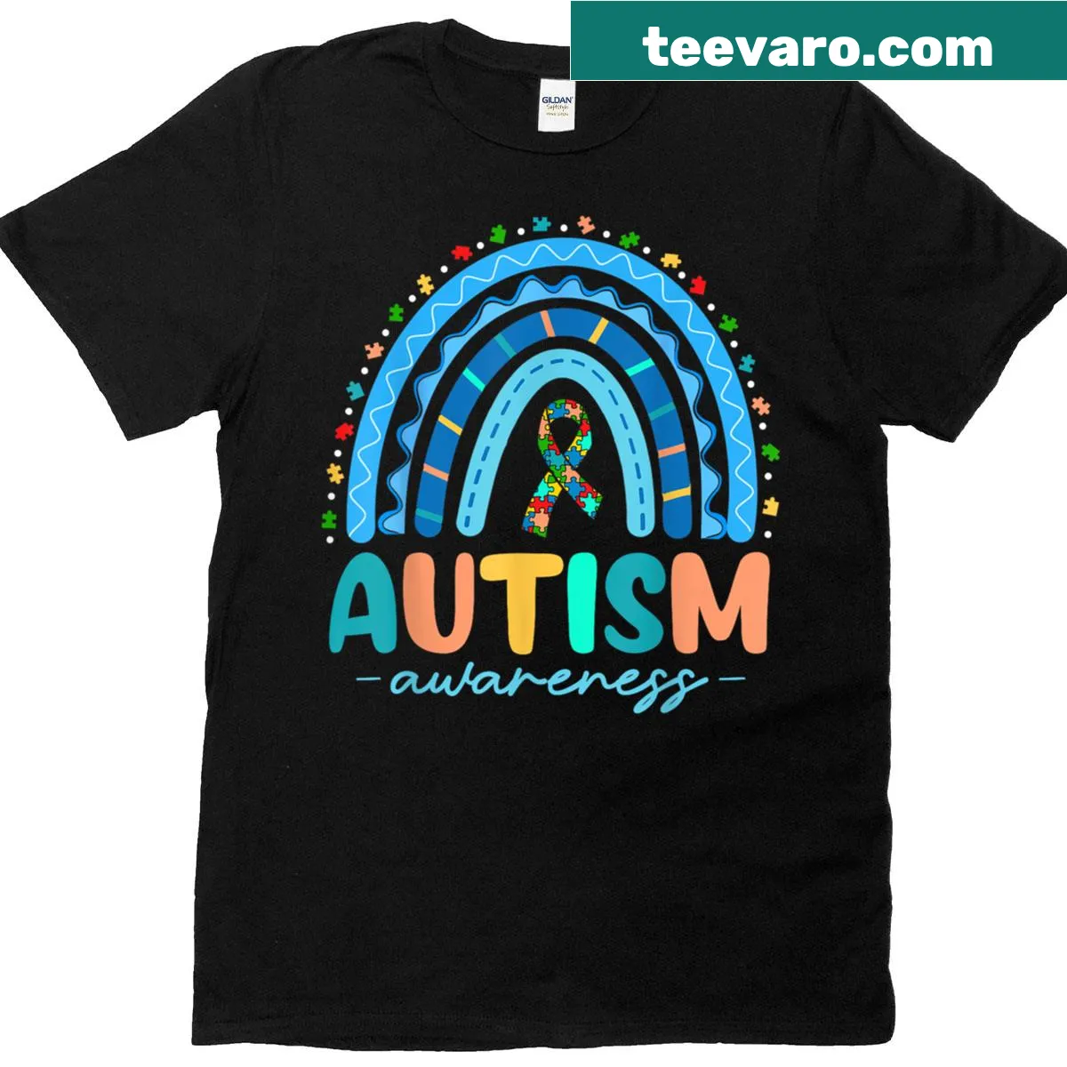 Puzzle Rainbow Autism Awareness Month t-shirt with supportive message — on a men's t-shirt