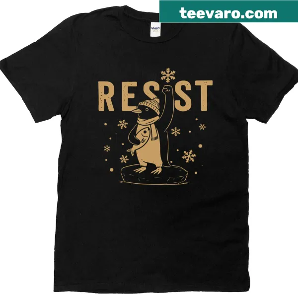 Cartoon penguins advocating against tariffs on a t-shirt.
