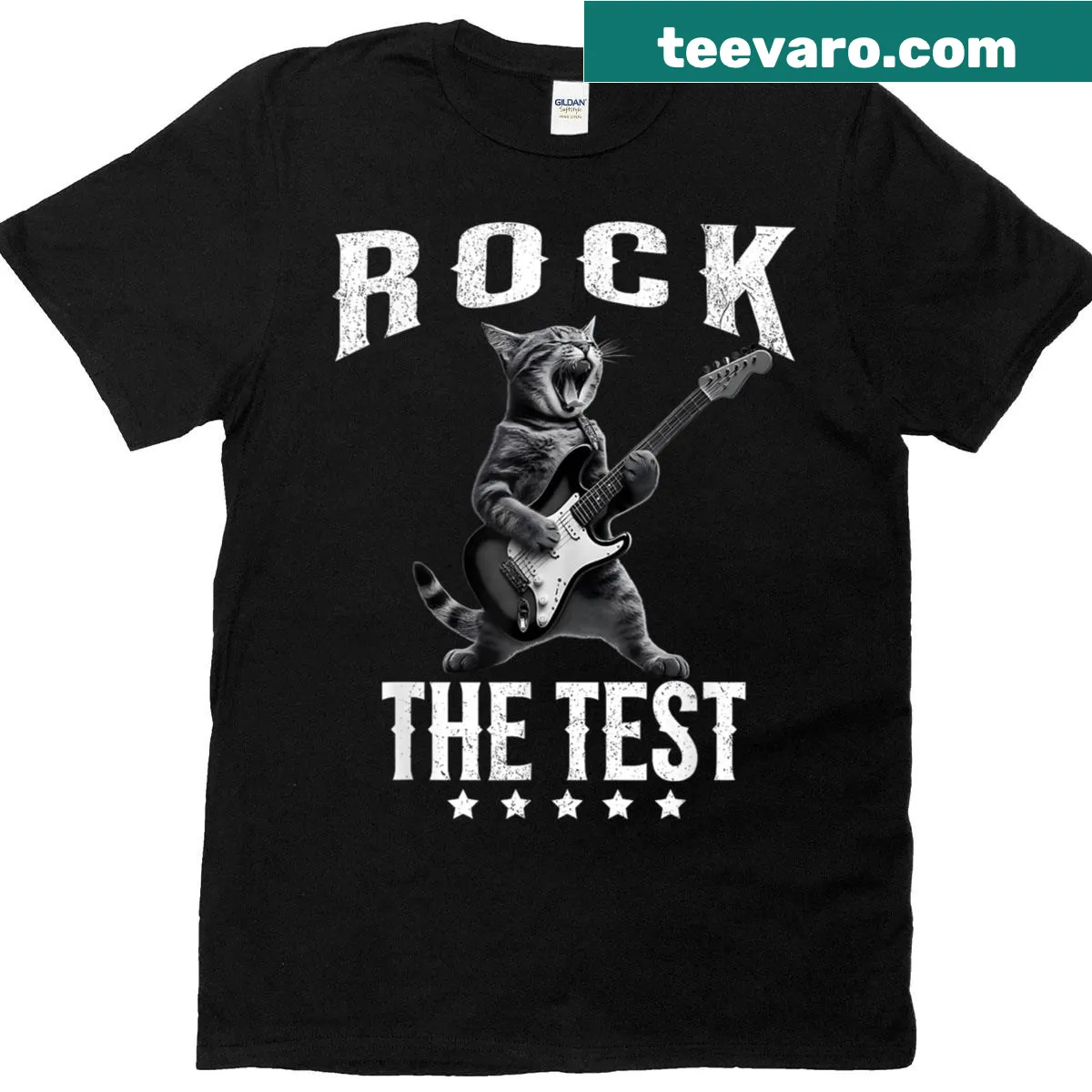 Teacher T-shirt with cat graphic and 'Rock The Test' text — on a men's t-shirt