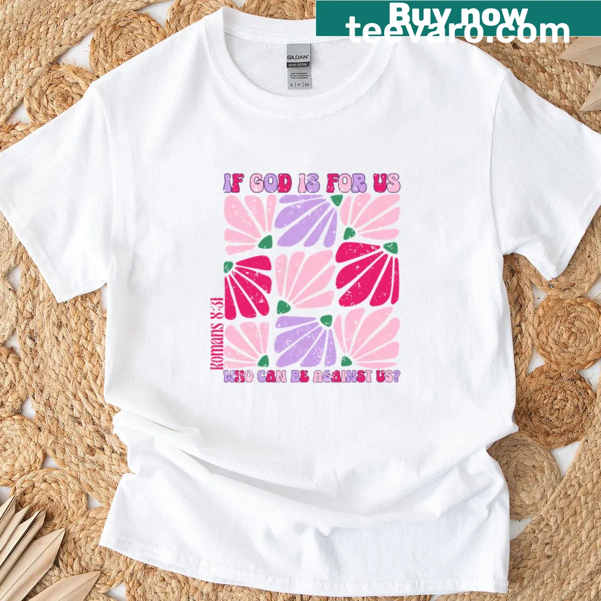 Retro Christian t-shirt with Romans 8:11 verse and boho flowers — on a men's t-shirt