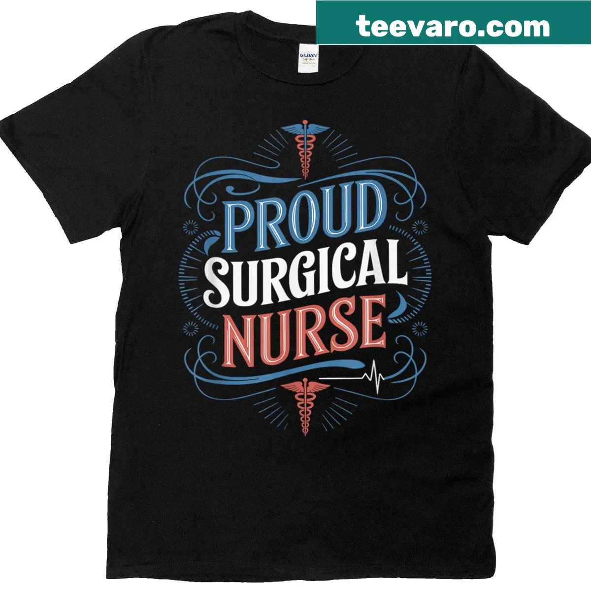 Proud surgical nurse t-shirt with SICU Nursing text — on a men's t-shirt